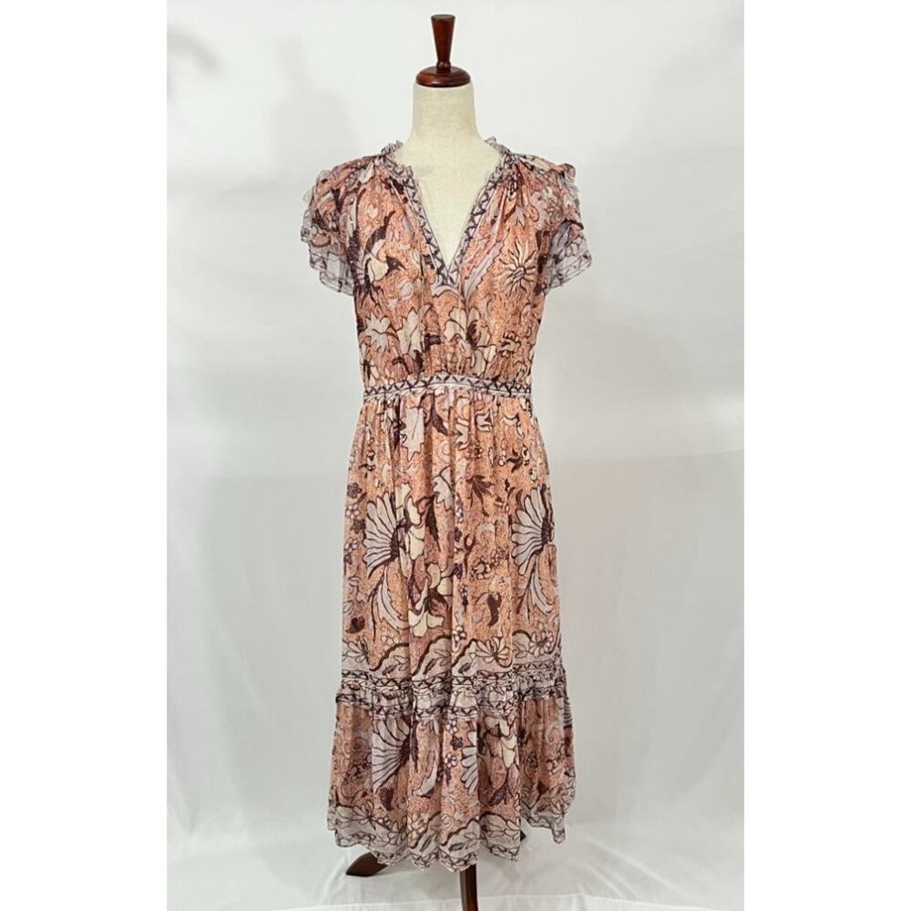ULLA JOHNSON Sz 10 Celestia Blush Pink Print Silk Short Sleeve Midi Dress - Picture 7 of 12
